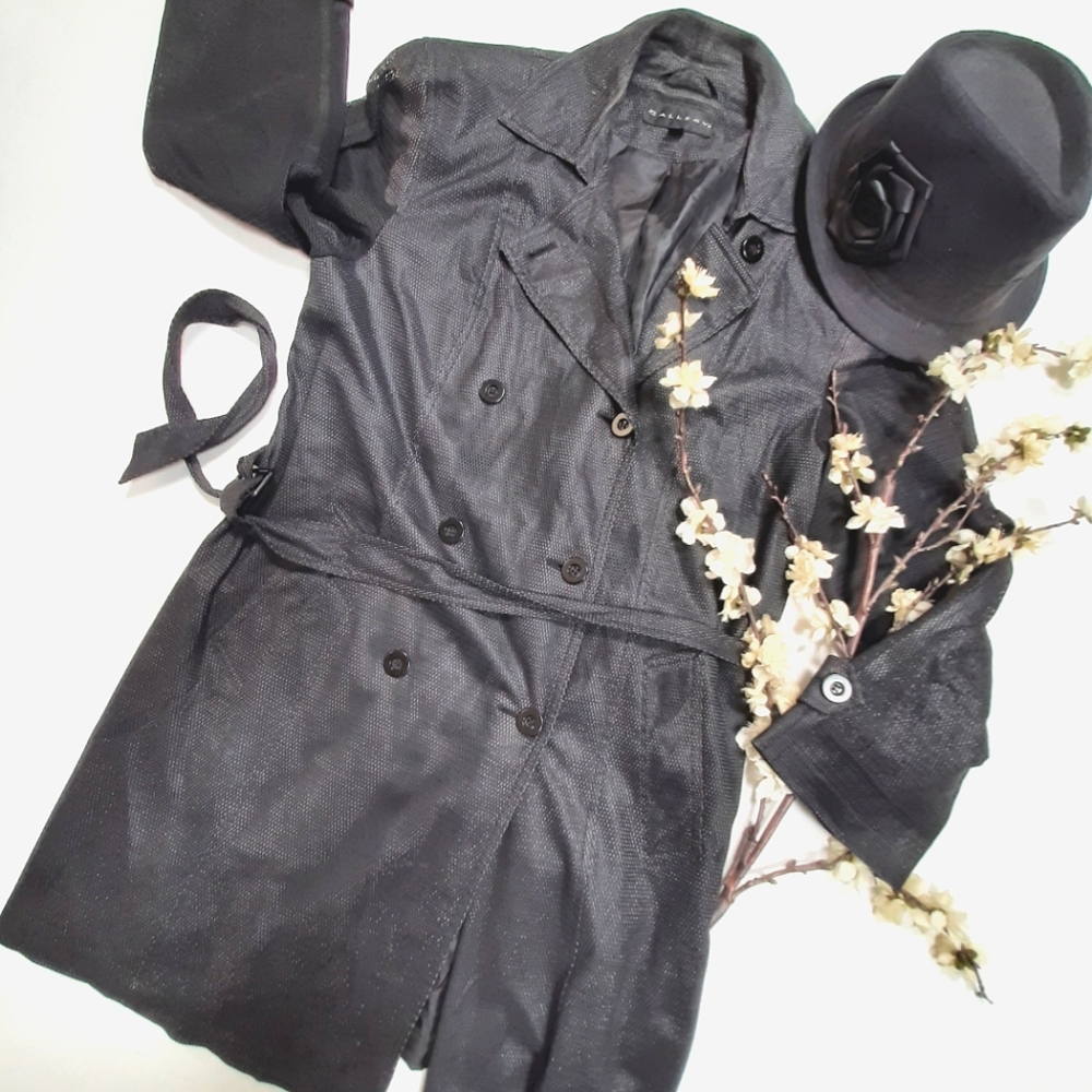 Gallery layered black mesh textured trench coat